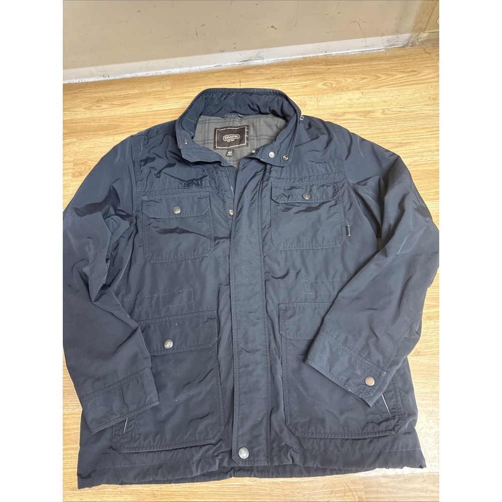 Men's Coach Dark Navy Blue Cotton Blend Plaid Lined Field Jacket Size XL